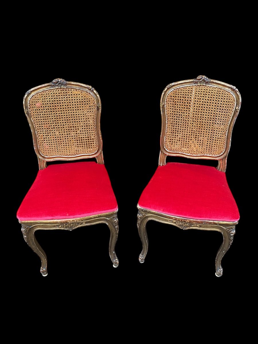 Pair Of Caned Chairs In Gilded Wood -photo-3