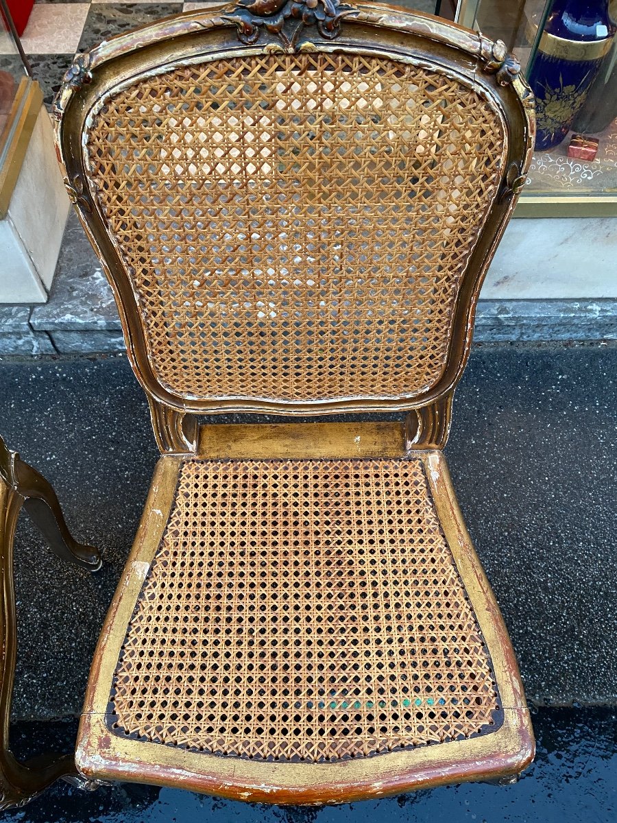 Pair Of Caned Chairs In Gilded Wood -photo-4