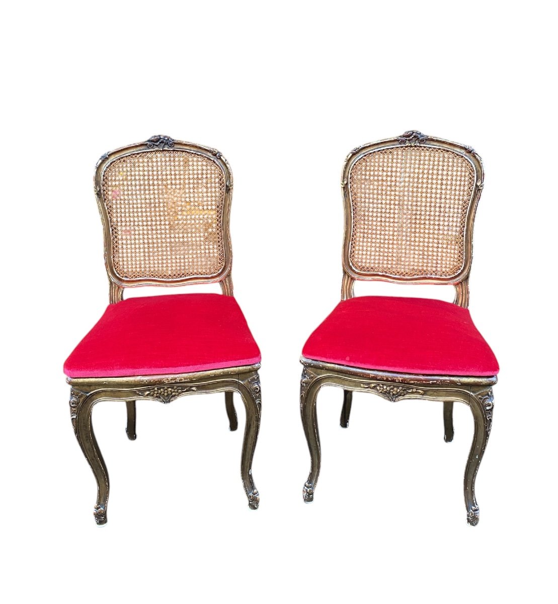 Pair Of Caned Chairs In Gilded Wood 