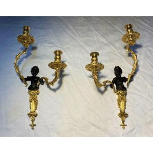 Pair Of Sconces In Gilt Bronze And Black Patina With Two Arms Of Light, XIXth Regency Style