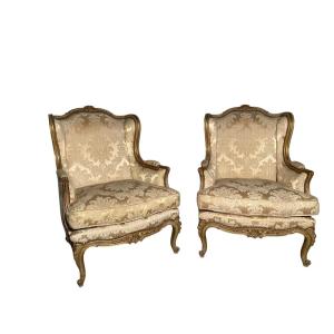 Pair Of Bergeres And A Sofa, Silk Fabrics, Louis XV Style.