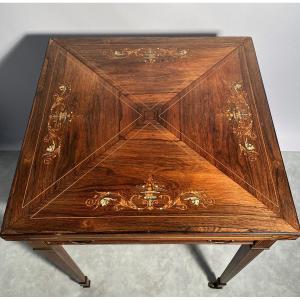 English Game Table Called 'handkerchief' With Inlaid Decor.