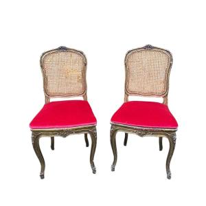 Pair Of Caned Chairs In Gilded Wood 