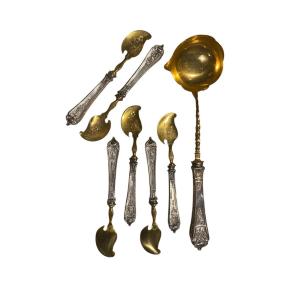 Set Of 6 Spoons And 1 Ladle, Silver And Gold Metal 