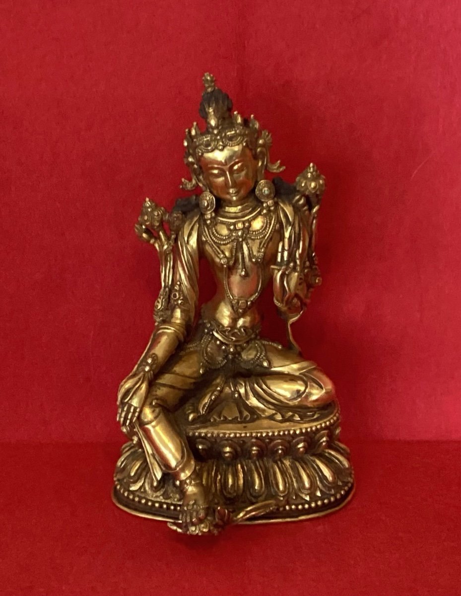 Green Tara In Gilded Bronze 19th Century 