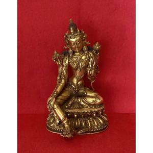 Green Tara In Gilded Bronze 19th Century 