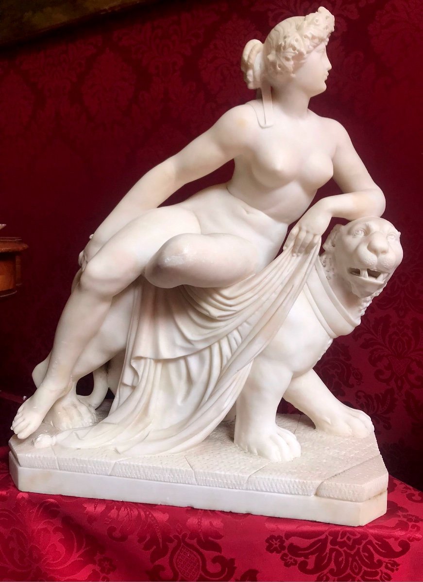 Rare Alabaster Sculpture, "royal Woman On Her Tiger", 19th Century 