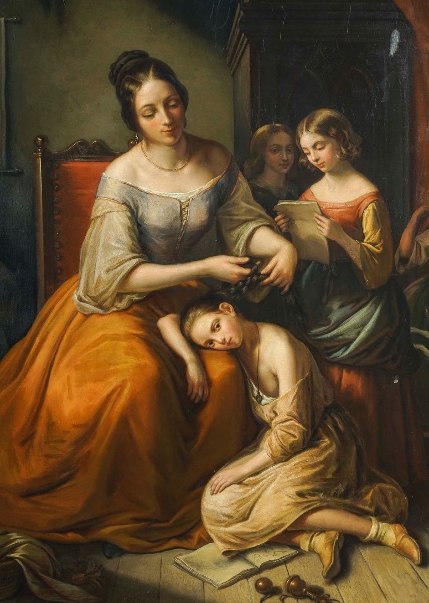 Oil On Canvas Paintings Of A Mother With Her Daughters, 19th Century-photo-3