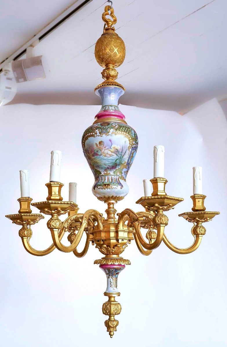 Unique Lustre En Bronze Et Porcelaine De La Maison Sèvres