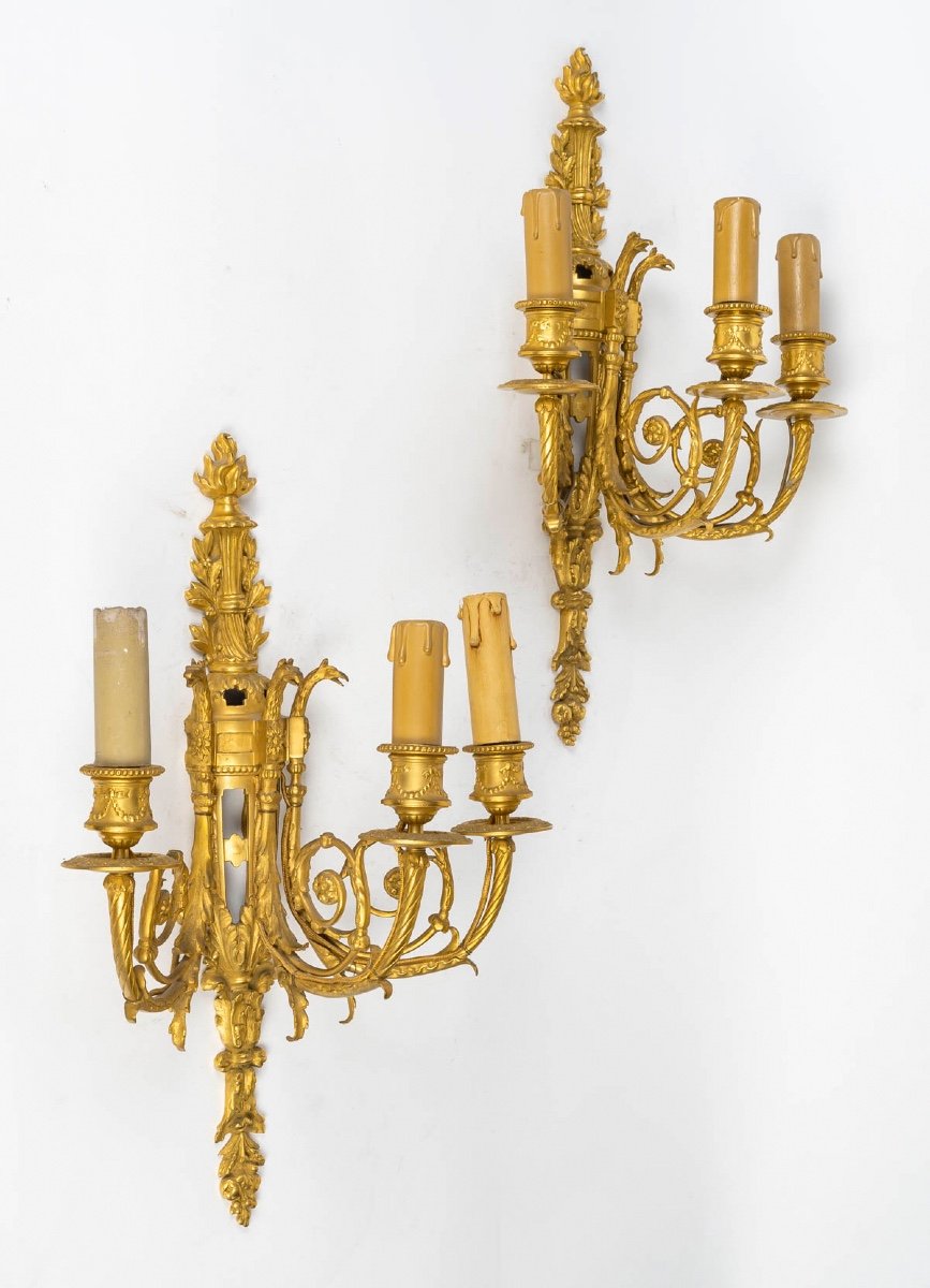 Pair Of Bronze Wall Lamps, 19th Century-photo-2