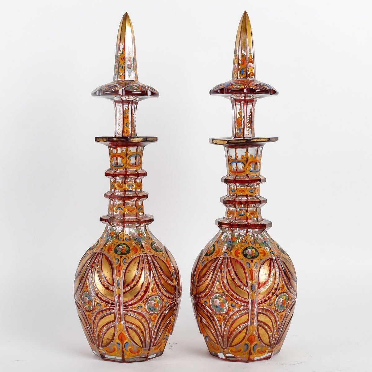 Two Gold Enameled Crystal Carafes, 19th Century-photo-2