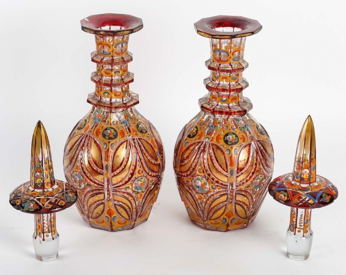 Two Gold Enameled Crystal Carafes, 19th Century-photo-3