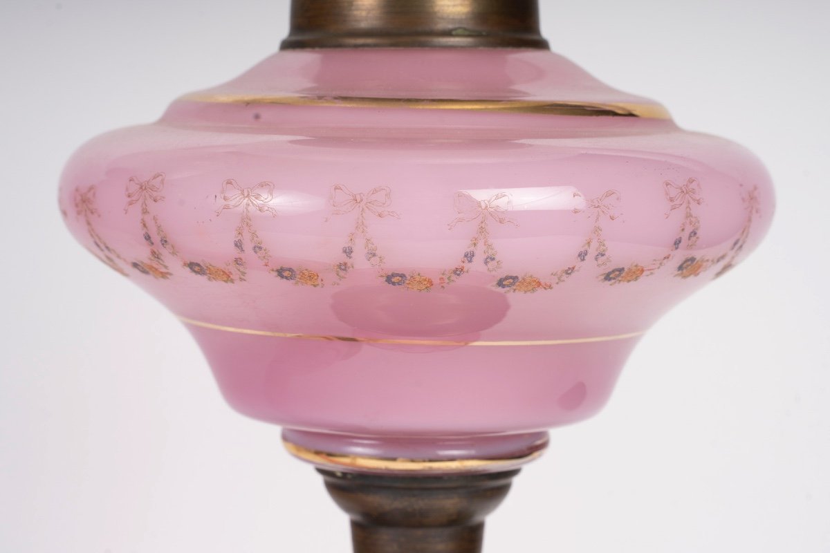 Paire De Lampe à Pétrole En Opaline Rose, 19éme Siècle-photo-3