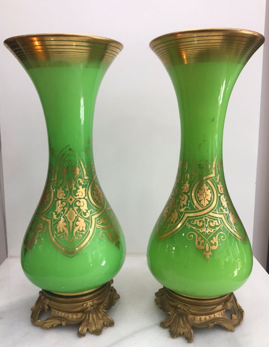 Pair Of Opaline Vases Enameled In Gold, 19th Century