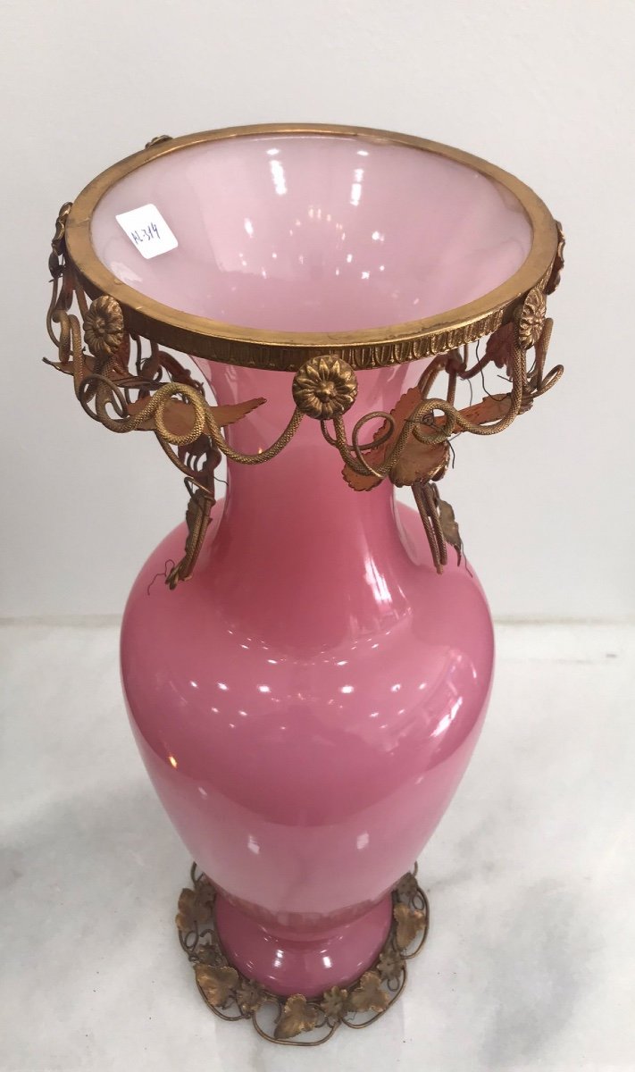 Rare Vase In Pink Opaline With Brass Mount-photo-1