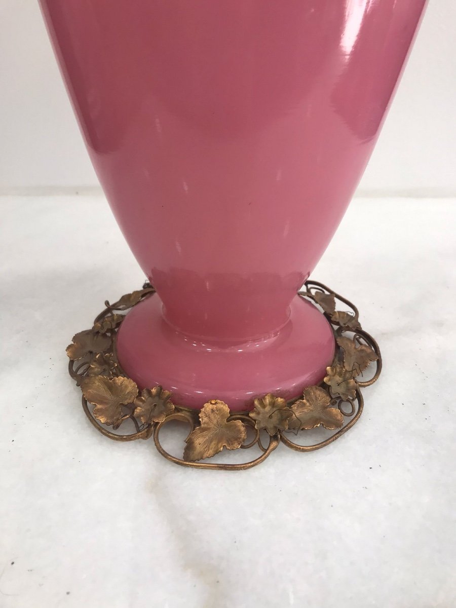 Rare Vase In Pink Opaline With Brass Mount-photo-4