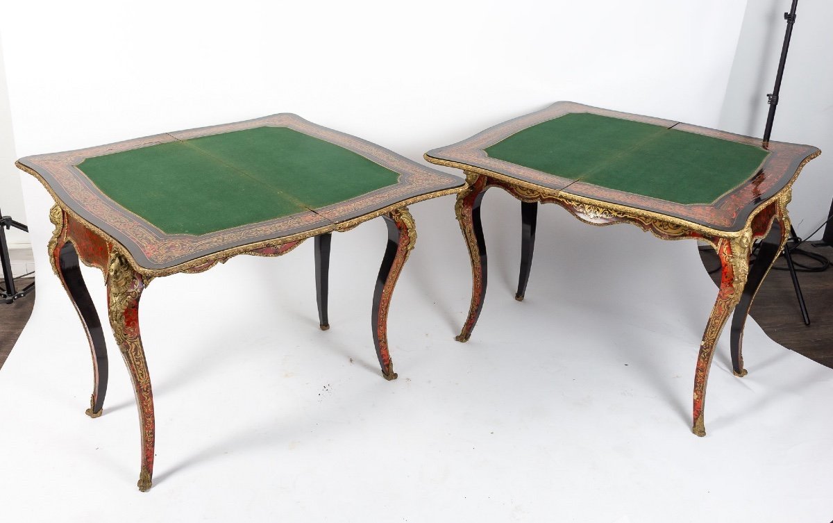 Pair Of Wooden Game Tables With Tortoiseshell Marquetry