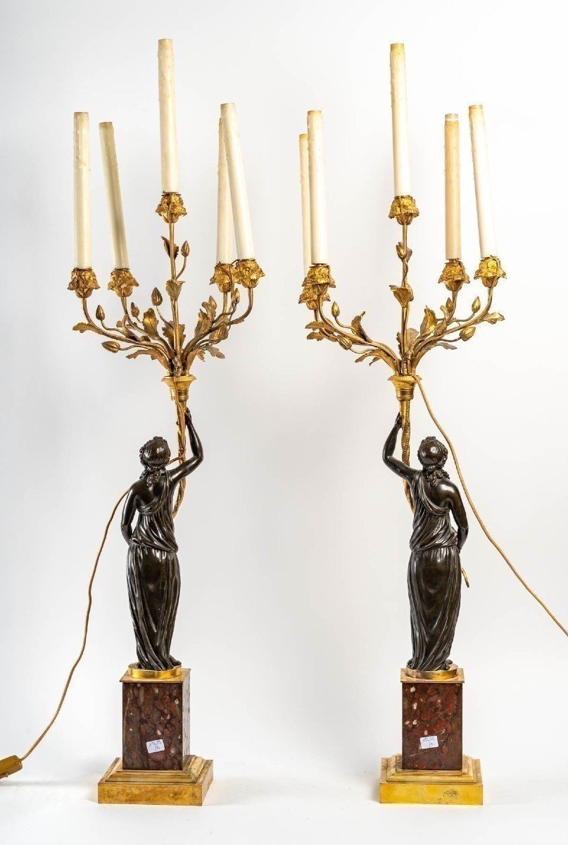 Pair Of Bronze Candlesticks On Marble Base, 19th Century-photo-1