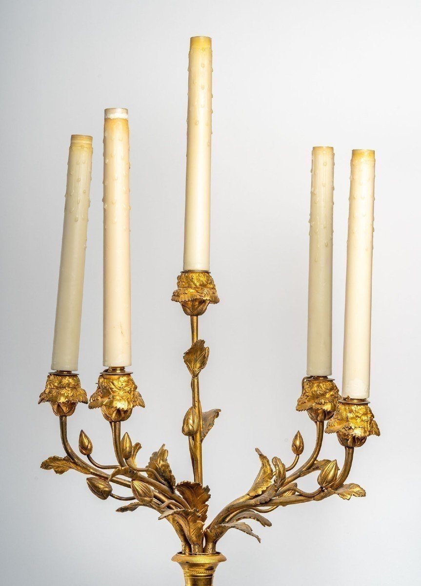 Pair Of Bronze Candlesticks On Marble Base, 19th Century-photo-3