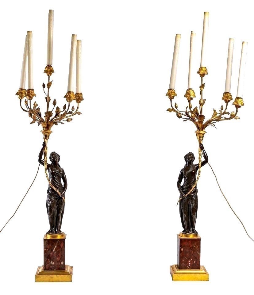 Pair Of Bronze Candlesticks On Marble Base, 19th Century