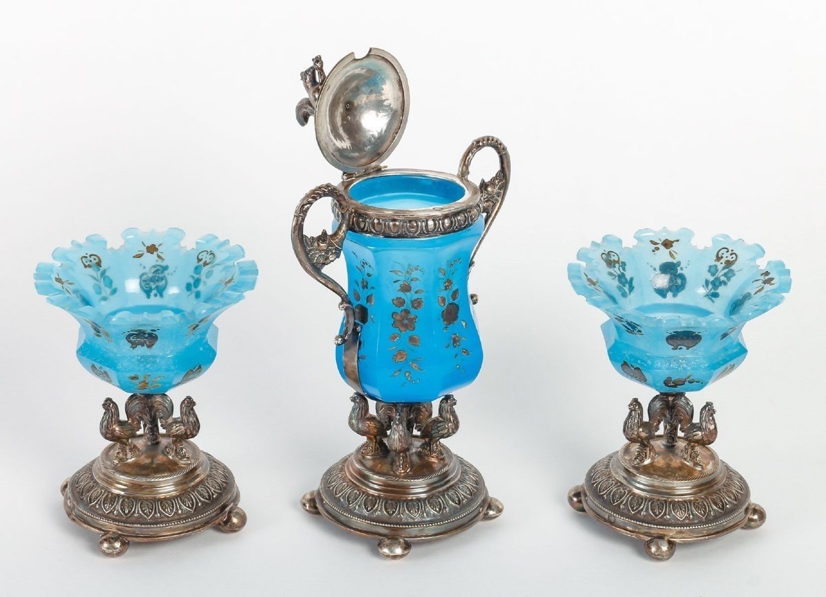 Opaline Set With Silver Base, 19th Century-photo-2