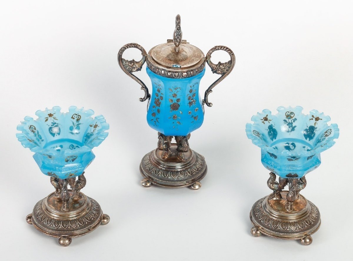 Opaline Set With Silver Base, 19th Century-photo-3