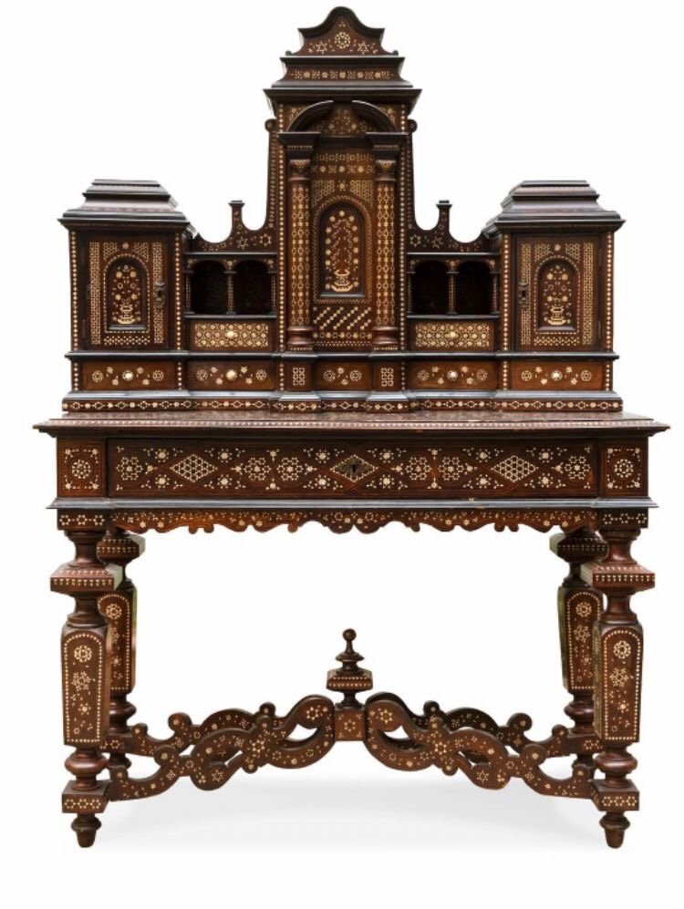 Important Italian Secretary In Carved Exotic Wood And Marquetry, 19th Century