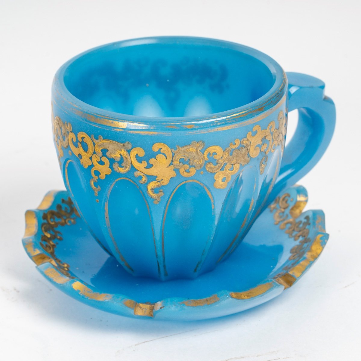 Beautiful Blue Opaline Teacup Enameled In Gold-photo-2