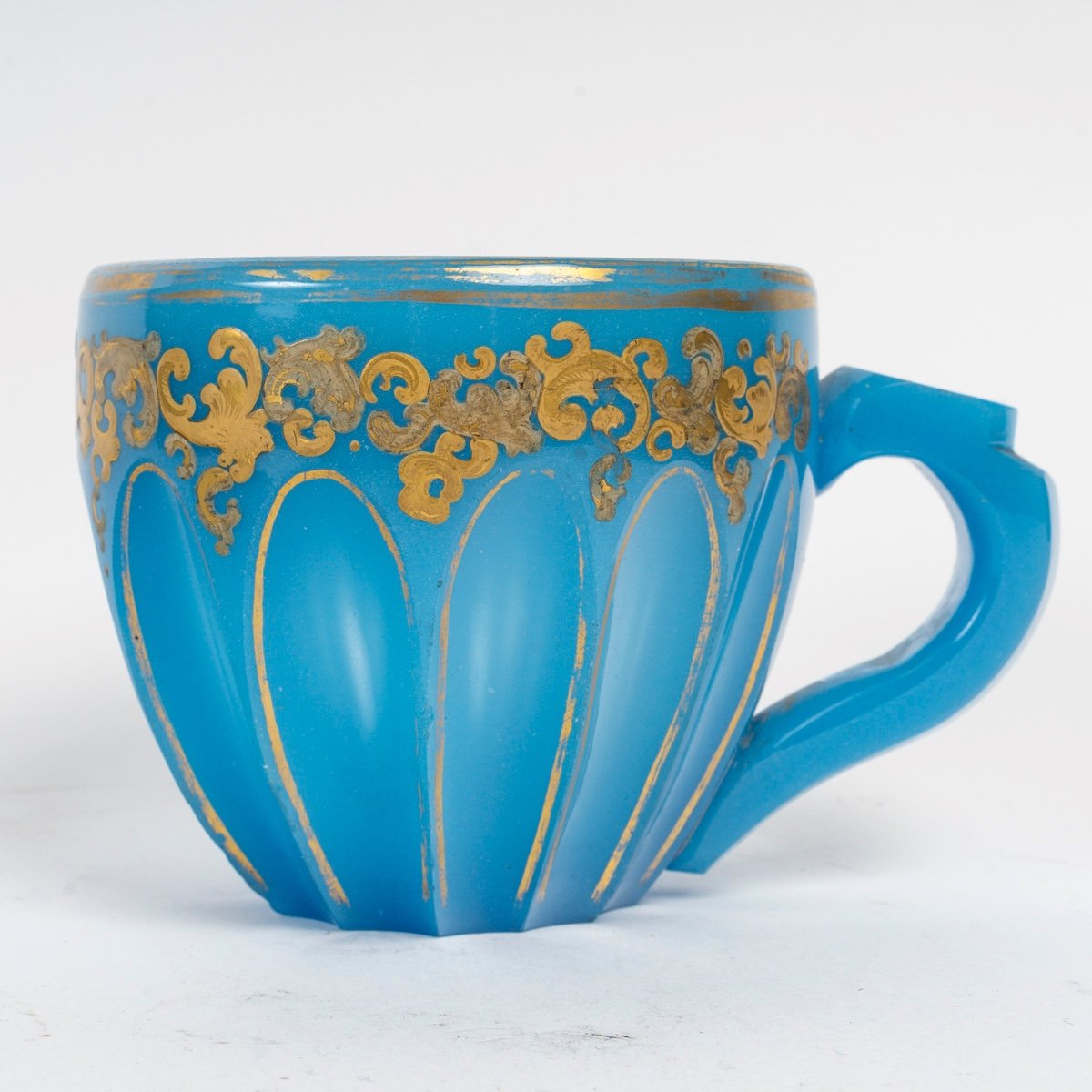 Beautiful Blue Opaline Teacup Enameled In Gold-photo-4