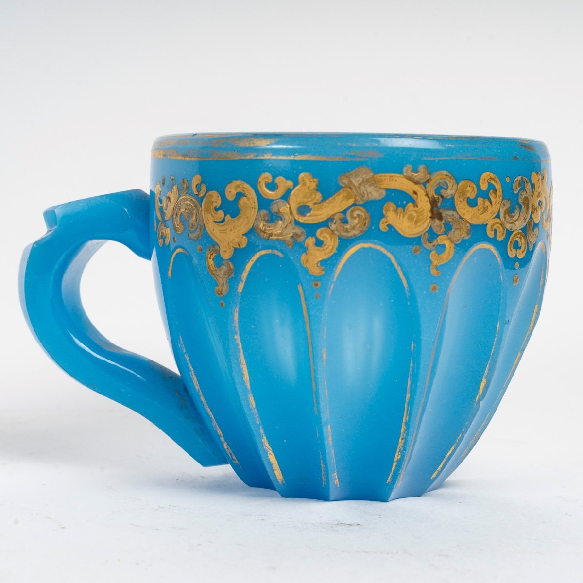 Beautiful Blue Opaline Teacup Enameled In Gold-photo-5