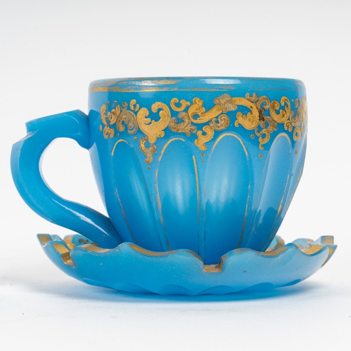 Beautiful Blue Opaline Teacup Enameled In Gold