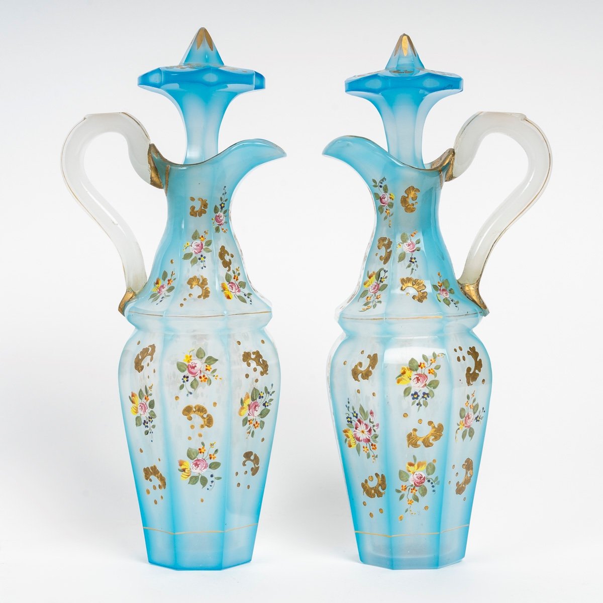 Pair Of Pale Blue Opaline Overlay Decanters, 19th Century-photo-2