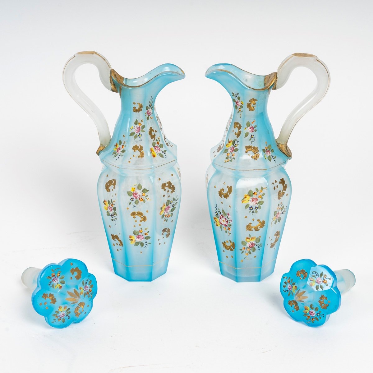 Pair Of Pale Blue Opaline Overlay Decanters, 19th Century-photo-3