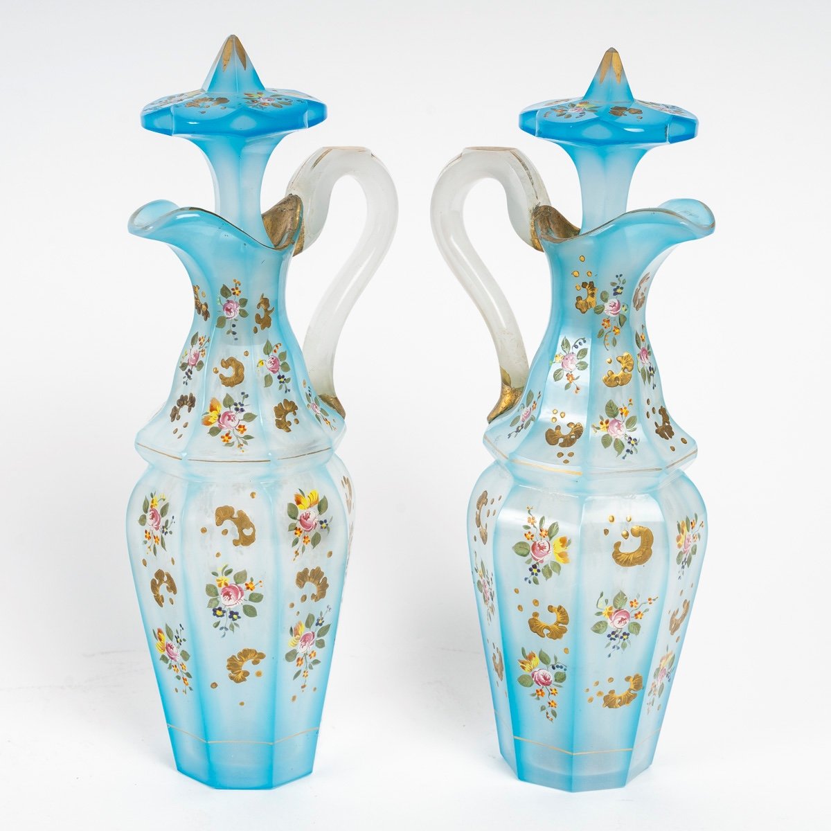 Pair Of Pale Blue Opaline Overlay Decanters, 19th Century-photo-4