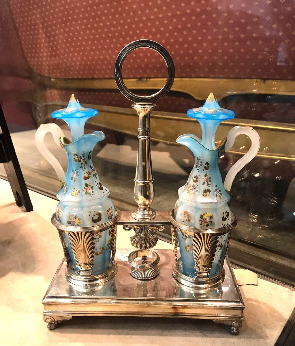 Pair Of Pale Blue Opaline Overlay Decanters, 19th Century