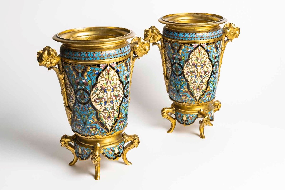 Pair Of Cloisonné Enameled Bronze Planters - F. Barbedienne Style-photo-1