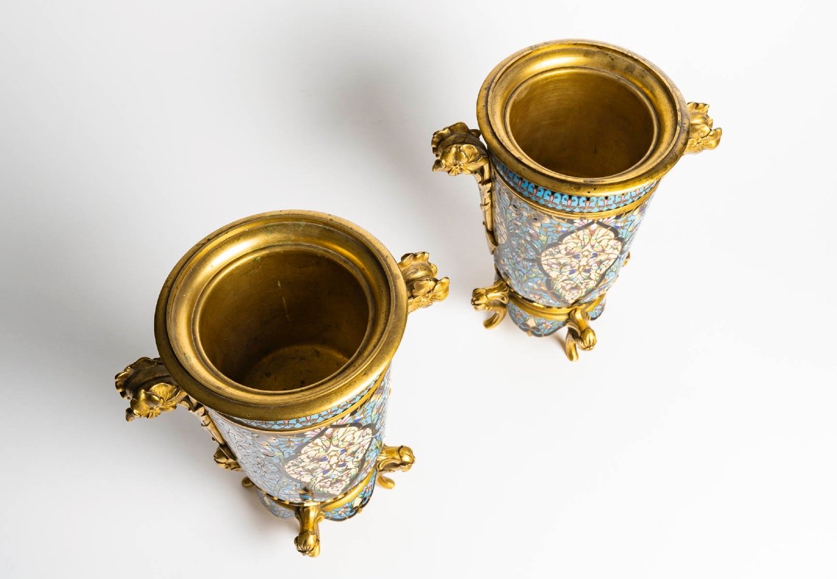 Pair Of Cloisonné Enameled Bronze Planters - F. Barbedienne Style-photo-2