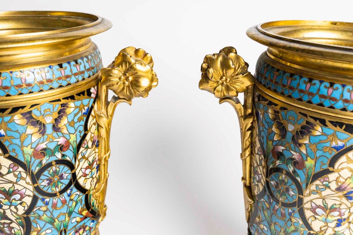 Pair Of Cloisonné Enameled Bronze Planters - F. Barbedienne Style-photo-5