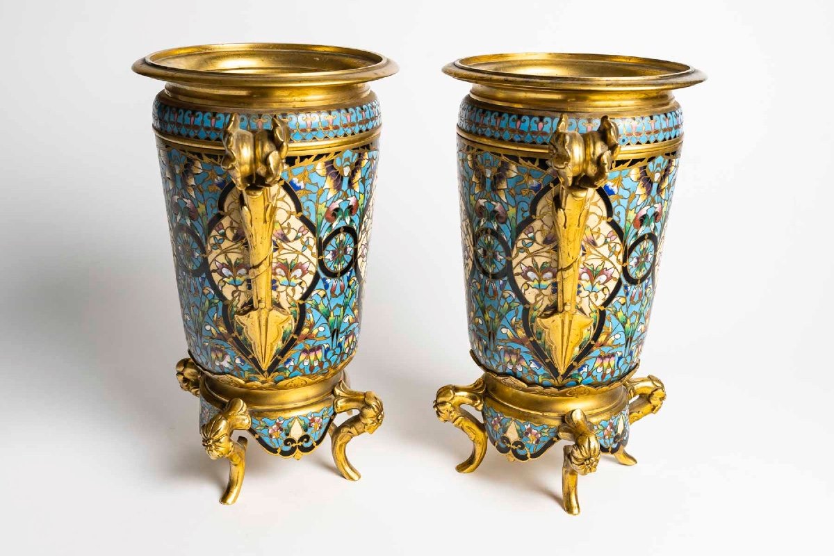 Pair Of Cloisonné Enameled Bronze Planters - F. Barbedienne Style-photo-6