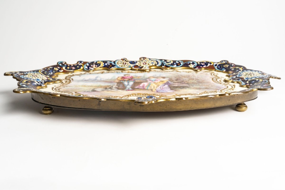 Large Tray In Cloisonné Enameled Bronze And Sèvres Porcelain - Signed Caris-photo-3