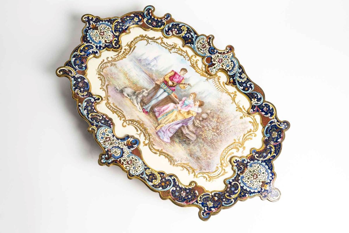 Large Tray In Cloisonné Enameled Bronze And Sèvres Porcelain - Signed Caris-photo-4