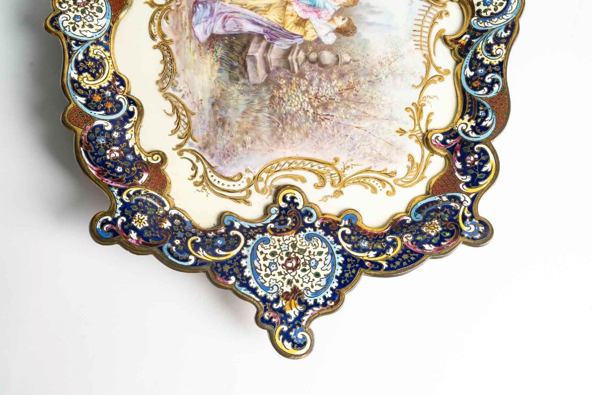 Large Tray In Cloisonné Enameled Bronze And Sèvres Porcelain - Signed Caris-photo-5