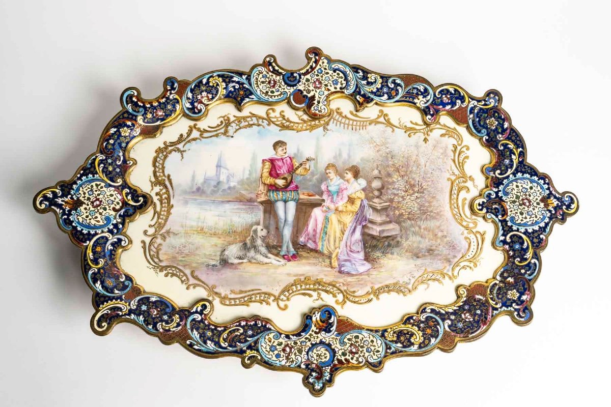 Large Tray In Cloisonné Enameled Bronze And Sèvres Porcelain - Signed Caris