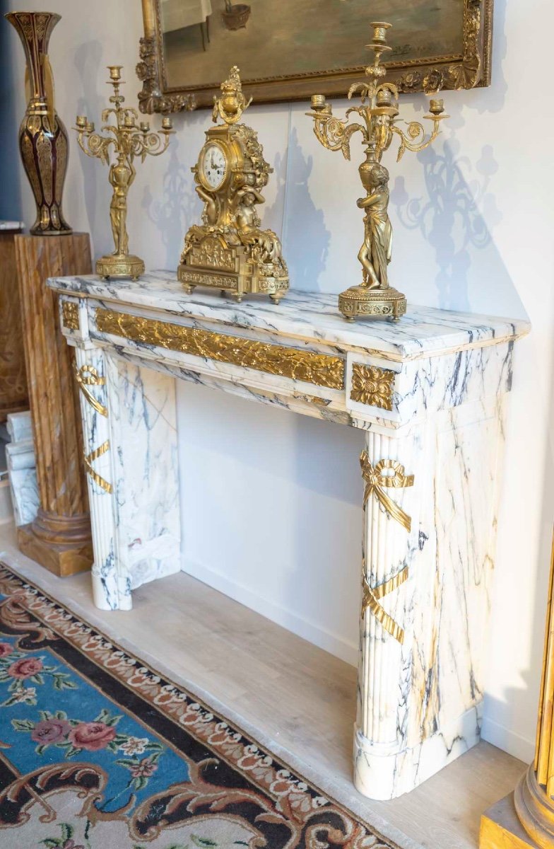 White And Black Marble Fireplace, Bronze Mounts – 19th Century-photo-3