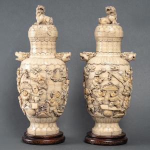 Ravissante Paire De Vase En Marqueterie D’ivoire, Chine.