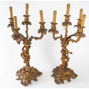 Pair Of Bronze Candelabra, From The 19th Century.