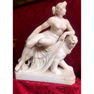 Rare Alabaster Sculpture, "royal Woman On Her Tiger", 19th Century 