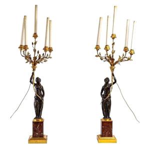 Pair Of Bronze Candlesticks, From The 19th Century.