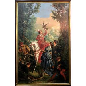 Chasse Au Faucon - Superbe Huile Sur Toile Du XIXe Siècle