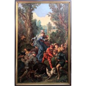 Wild Boar Hunting - Dazzling Oil On Canvas From The 19th Century